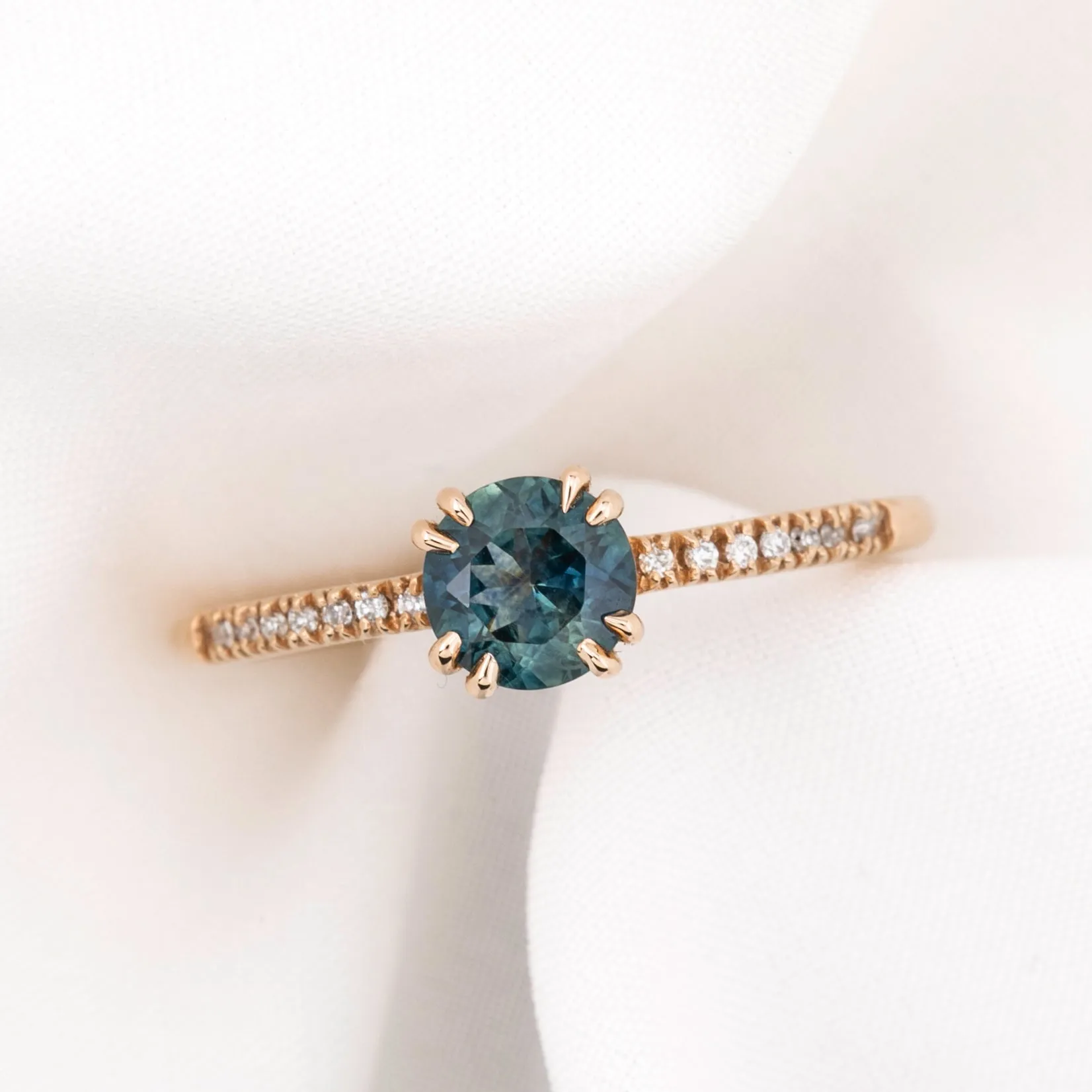 Sabrina Ring 0.76ct Teal Blue Round Montana Sapphire, 14k Rose Gold (One of a kind)