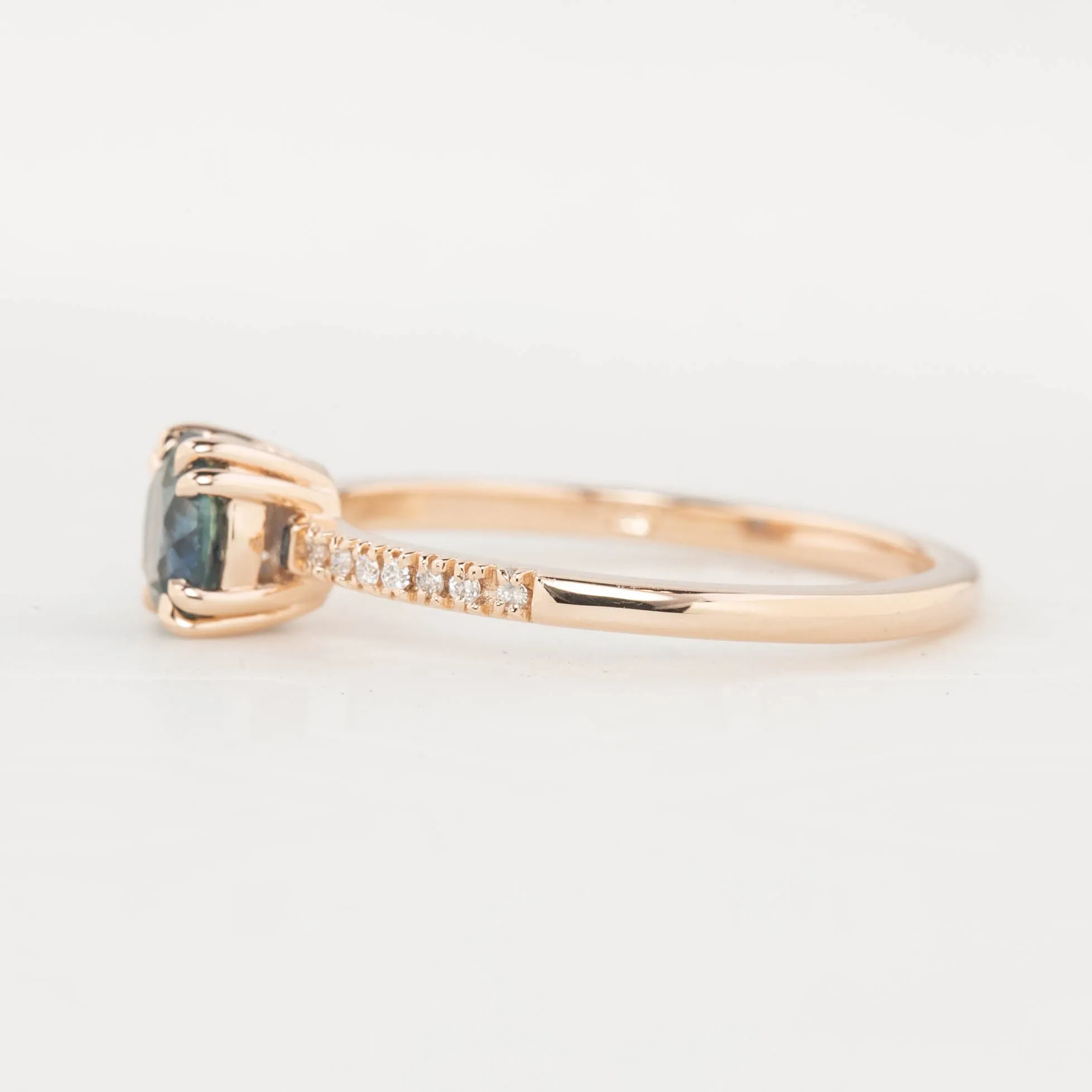 Sabrina Ring 0.76ct Teal Blue Round Montana Sapphire, 14k Rose Gold (One of a kind)