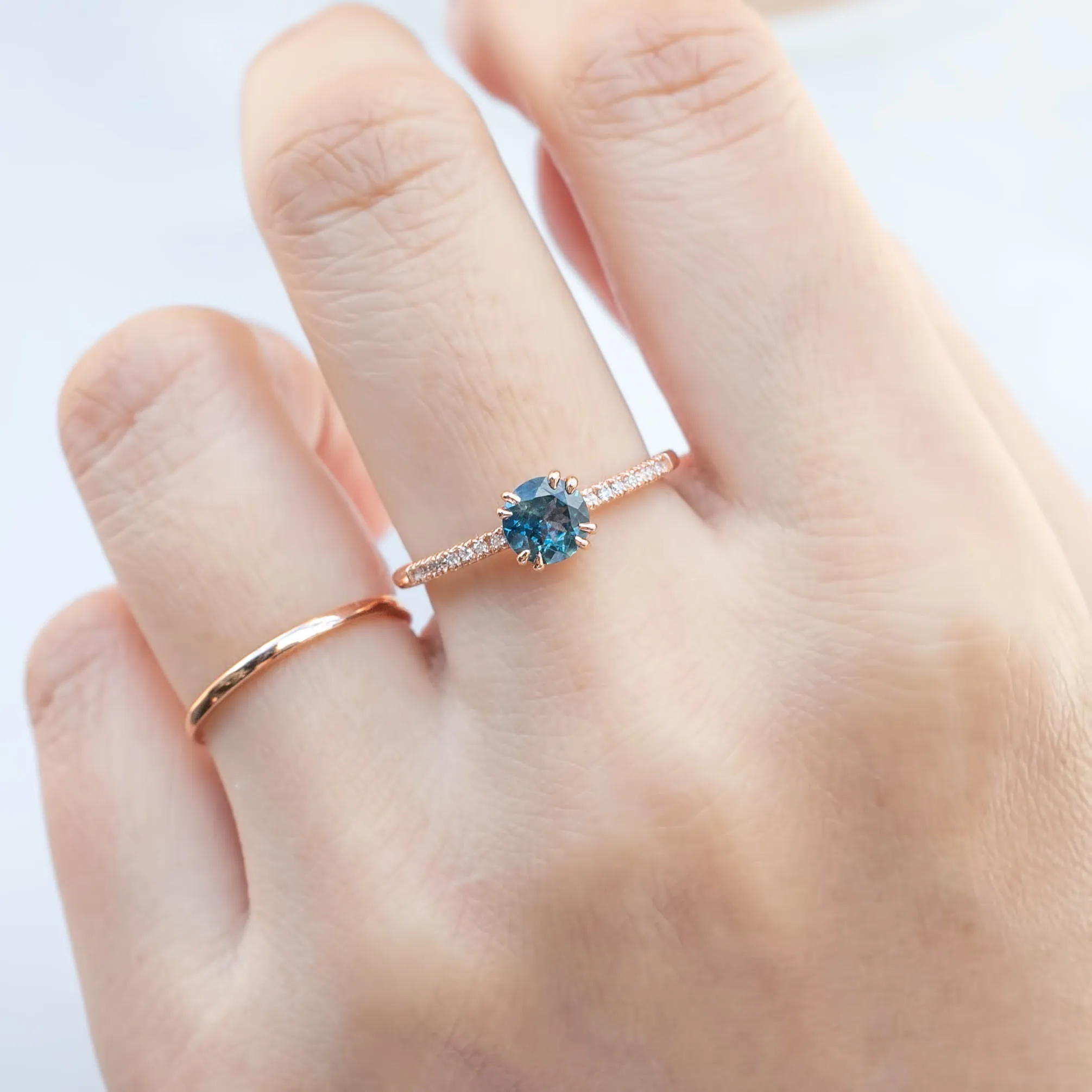 Sabrina Ring 0.76ct Teal Blue Round Montana Sapphire, 14k Rose Gold (One of a kind)