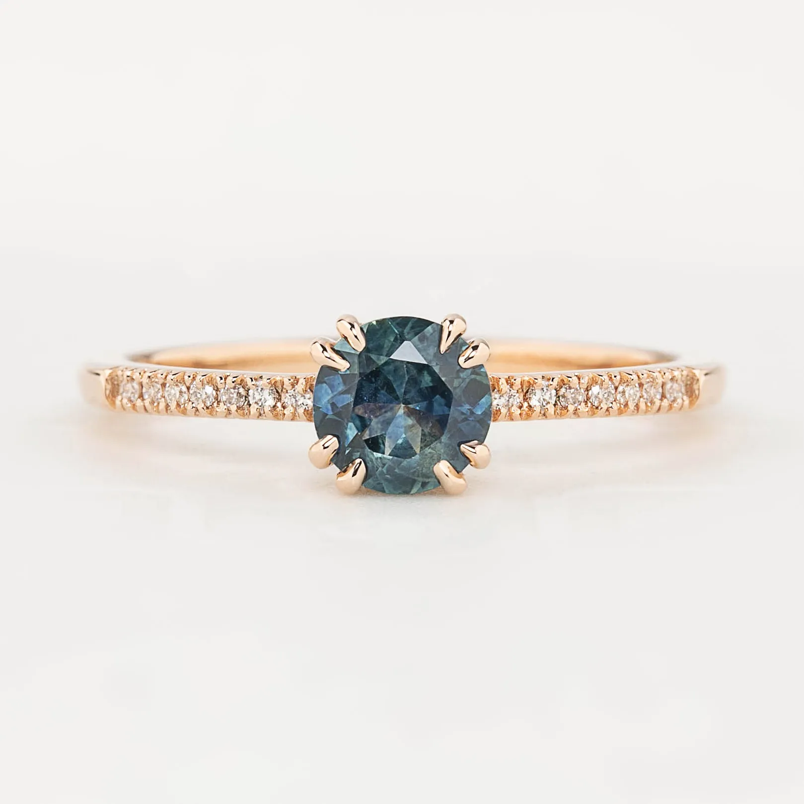 Sabrina Ring 0.76ct Teal Blue Round Montana Sapphire, 14k Rose Gold (One of a kind)