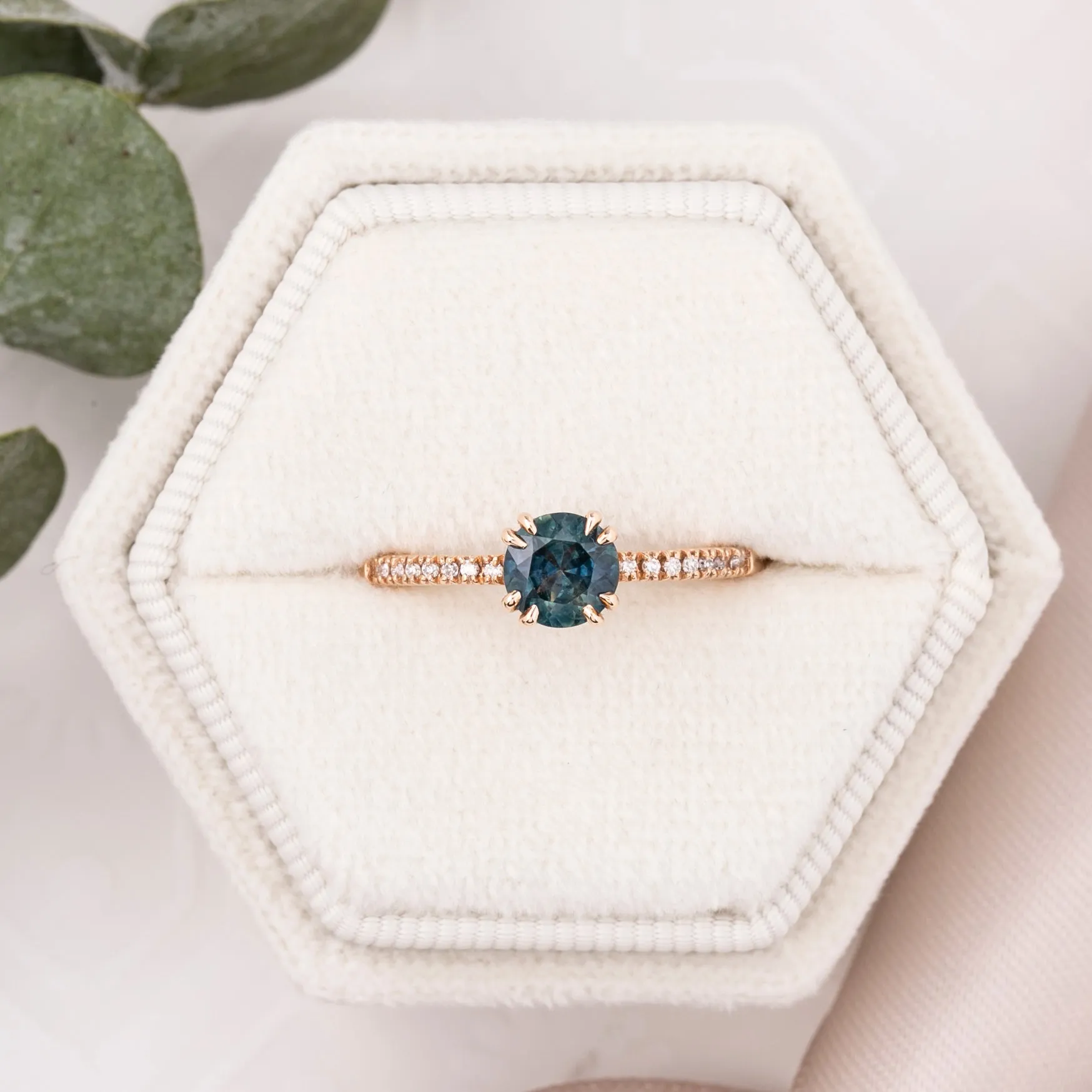 Sabrina Ring 0.76ct Teal Blue Round Montana Sapphire, 14k Rose Gold (One of a kind)