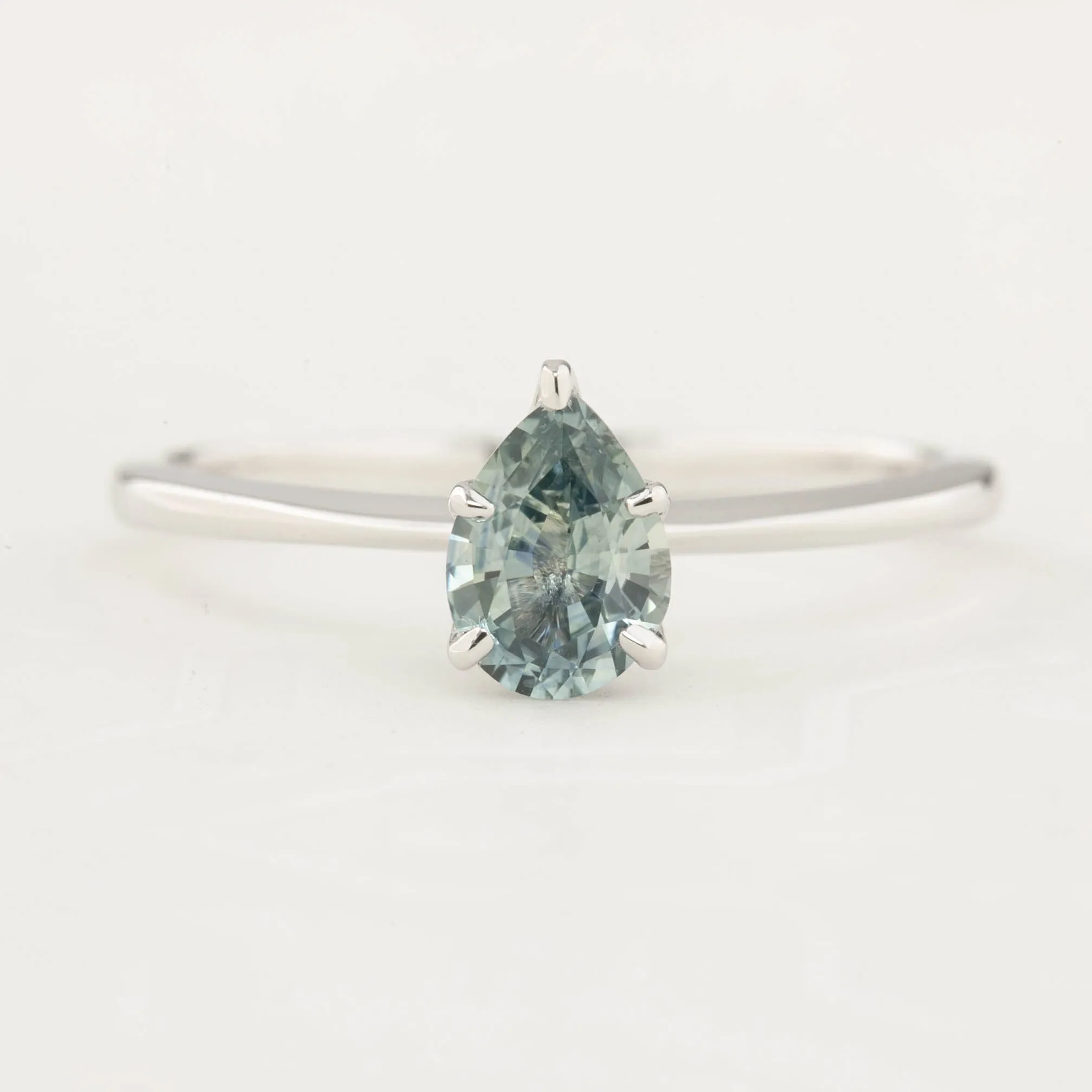 Sara Ring 0.74ct Light Blue Green Teardrop Montana Sapphire, 14k White Gold (One of a kind)