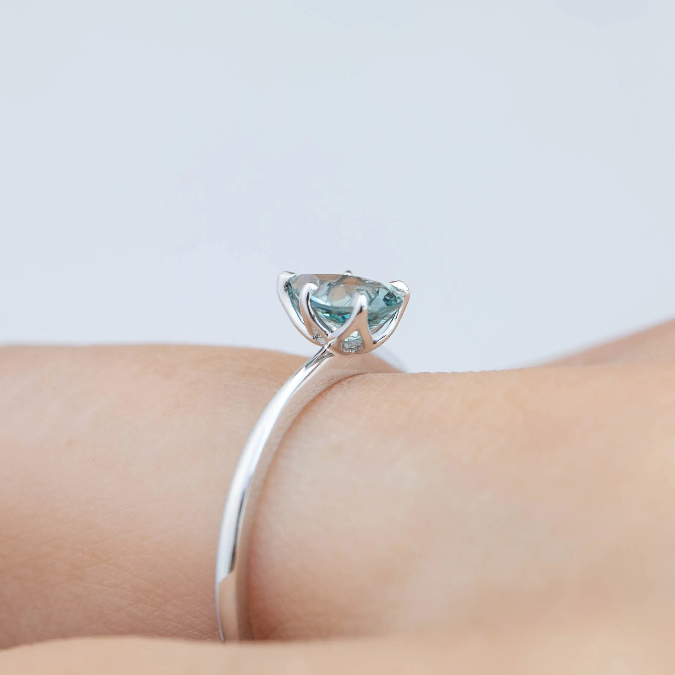 Sara Ring 0.74ct Light Blue Green Teardrop Montana Sapphire, 14k White Gold (One of a kind)