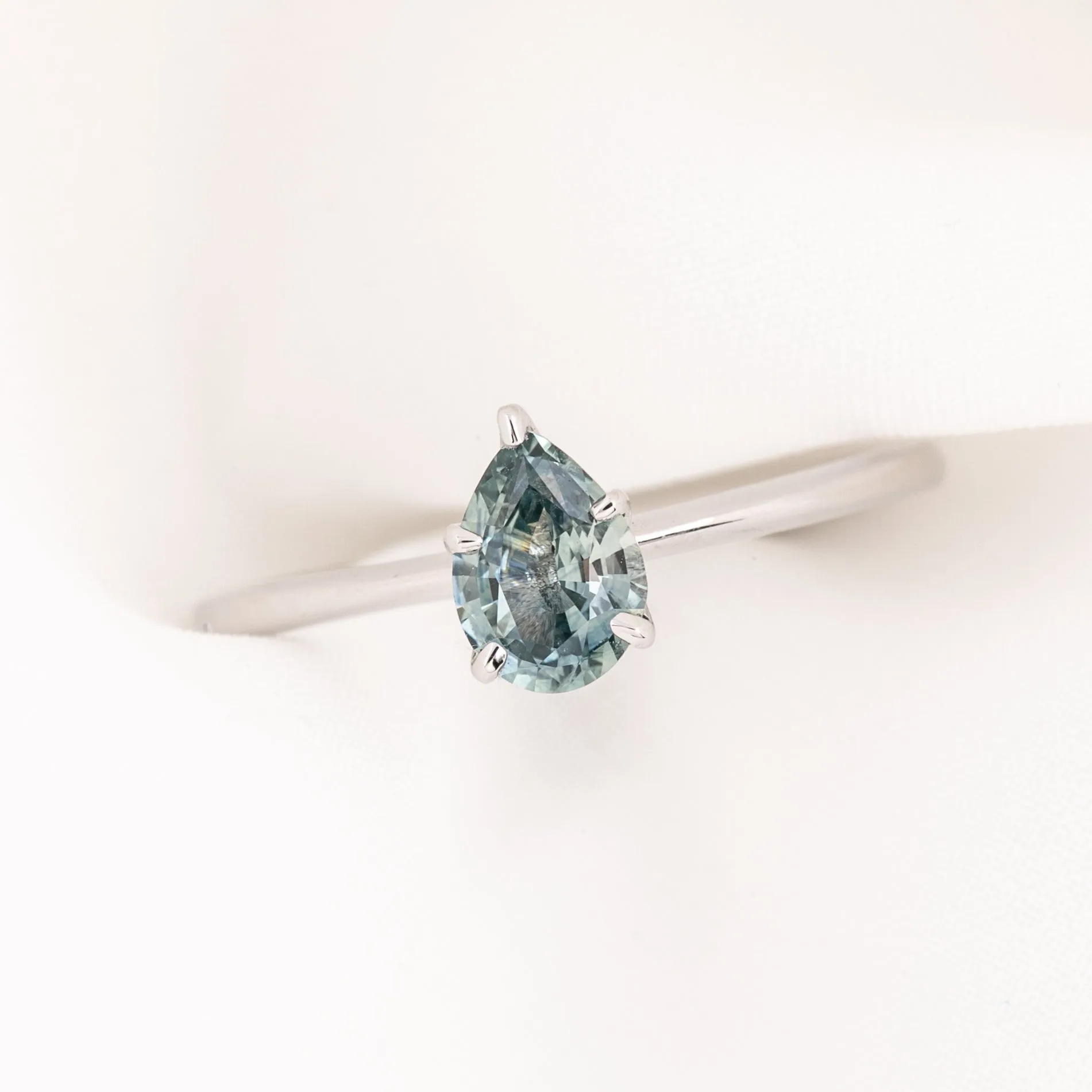 Sara Ring 0.74ct Light Blue Green Teardrop Montana Sapphire, 14k White Gold (One of a kind)