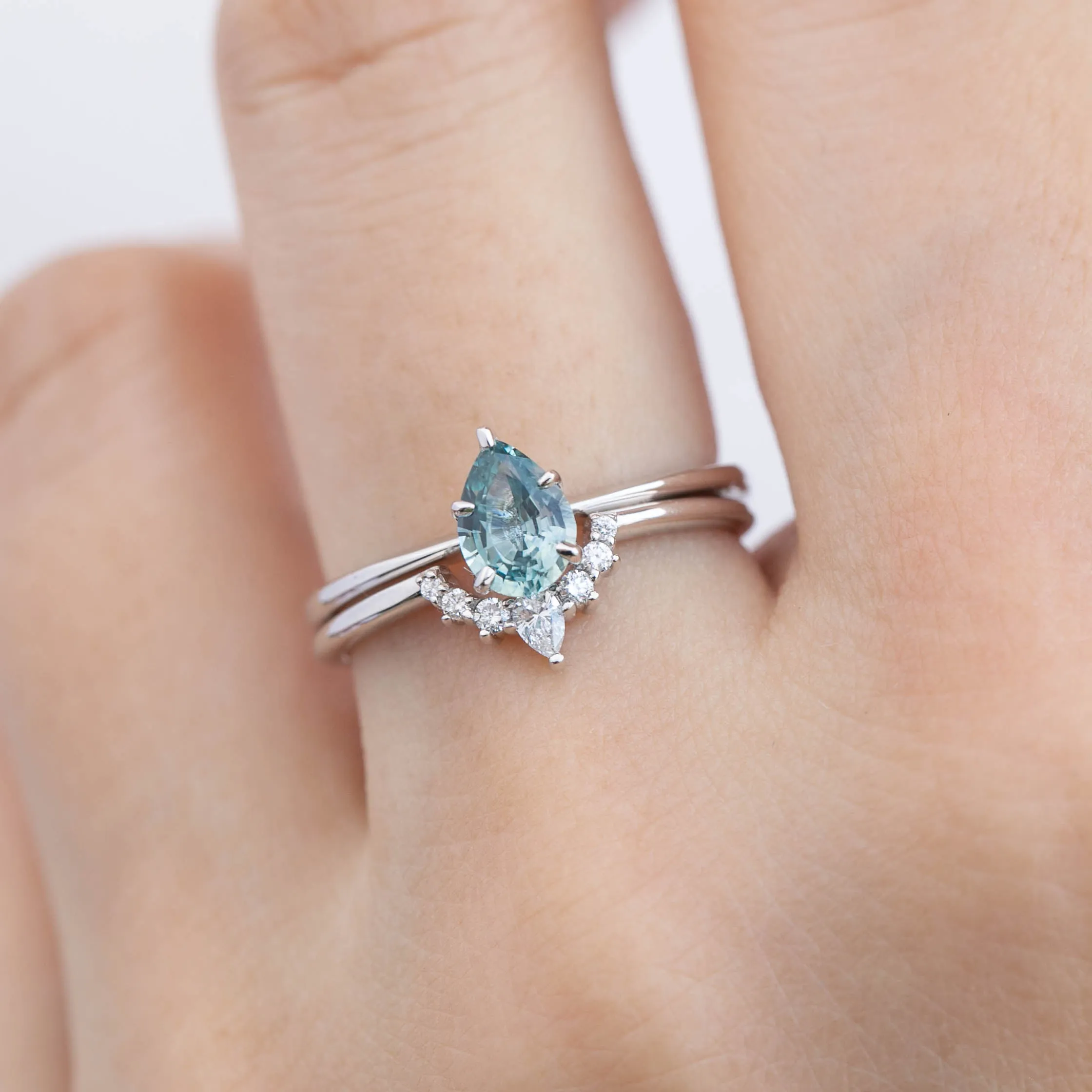 Sara Ring 0.74ct Light Blue Green Teardrop Montana Sapphire, 14k White Gold (One of a kind)