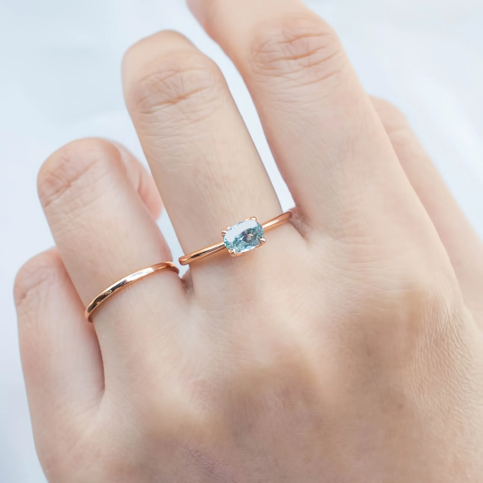 Sara Ring 0.86ct Light Blue East West Montana Sapphire, 14k Rose Gold (One of a kind)