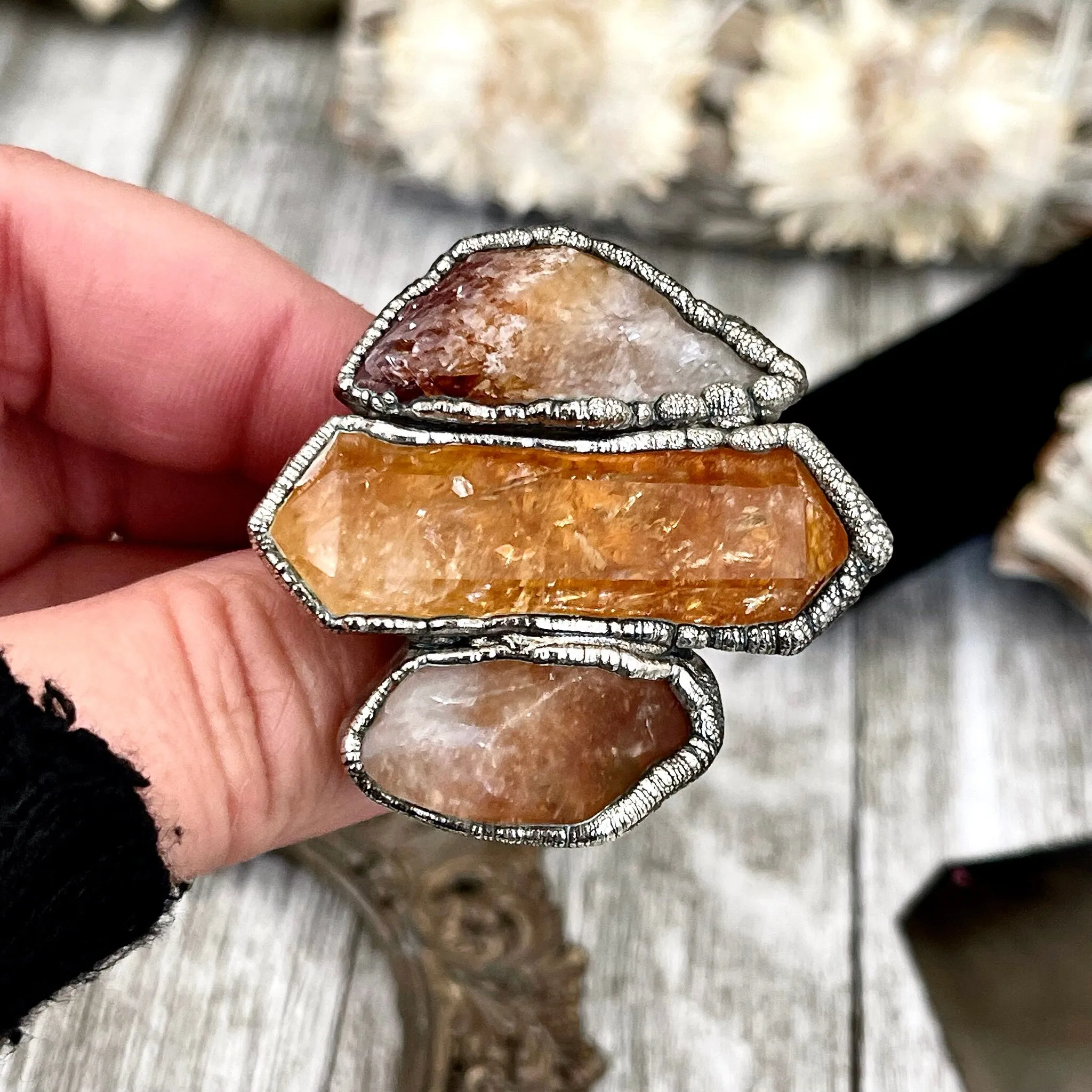 Size 8.5 Crystal Ring - Three Stone Citrine Ring in Sliver / Foxlark Collection - One of a Kind