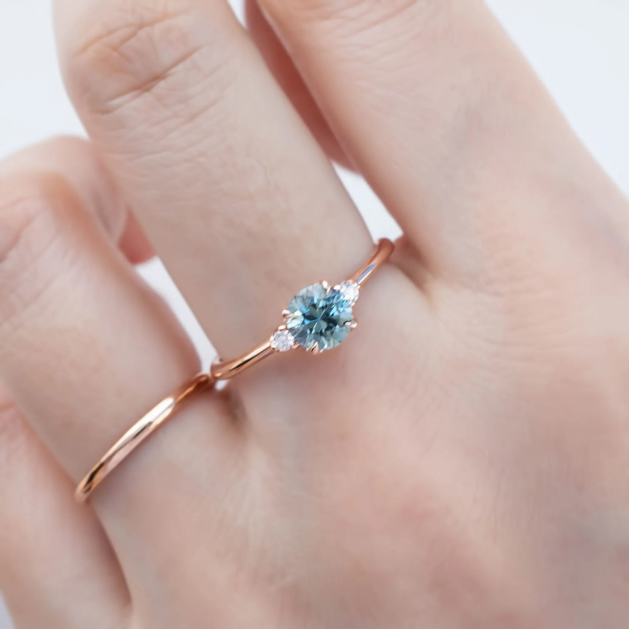 Sofia Ring 0.75ct Light Blue Green Round Montana Sapphire, 14k Rose Gold (One of a kind)