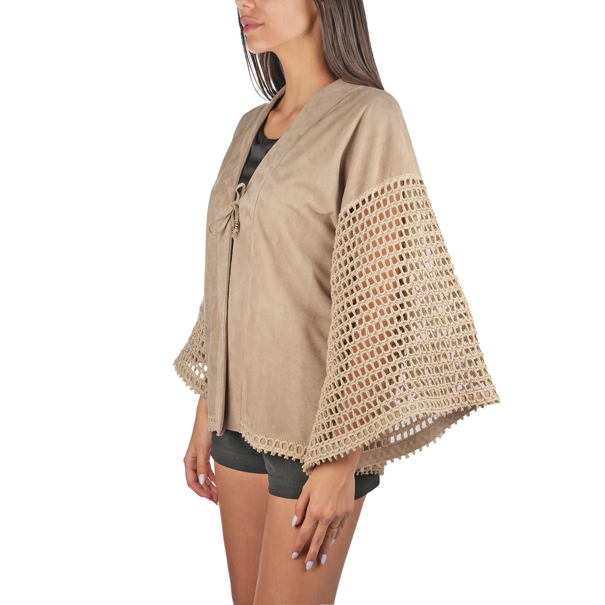 Suede and Crochet Kimono Beige