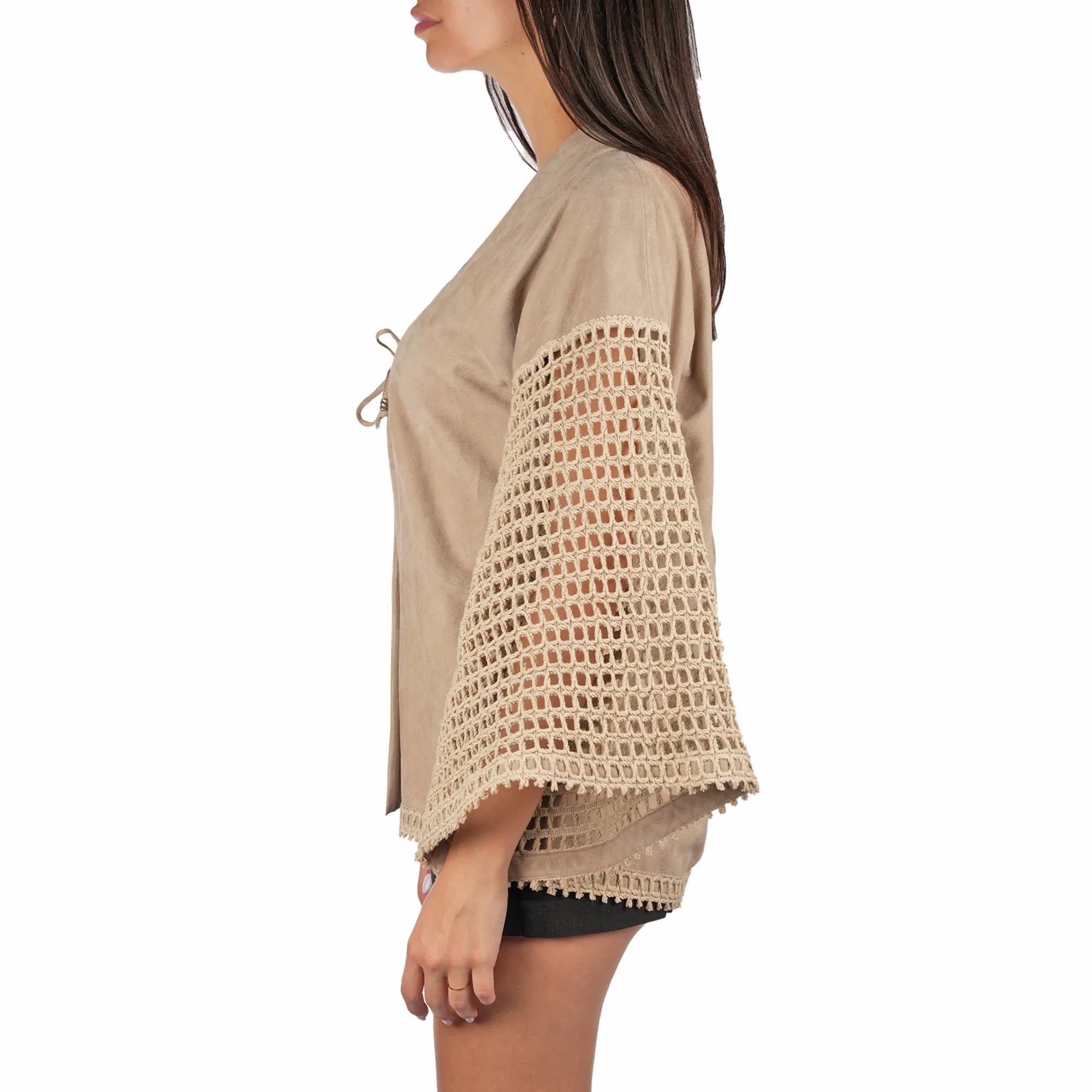 Suede and Crochet Kimono Beige