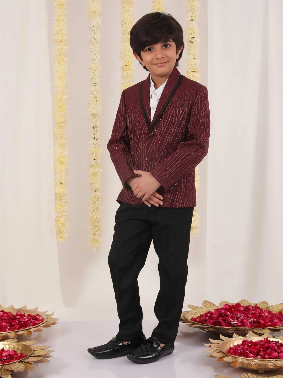 VASTRAMAY Boy's Maroon Sequined Blazer