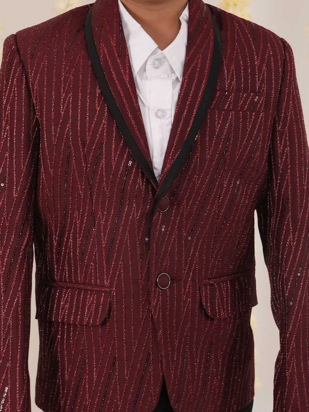 VASTRAMAY Boy's Maroon Sequined Blazer