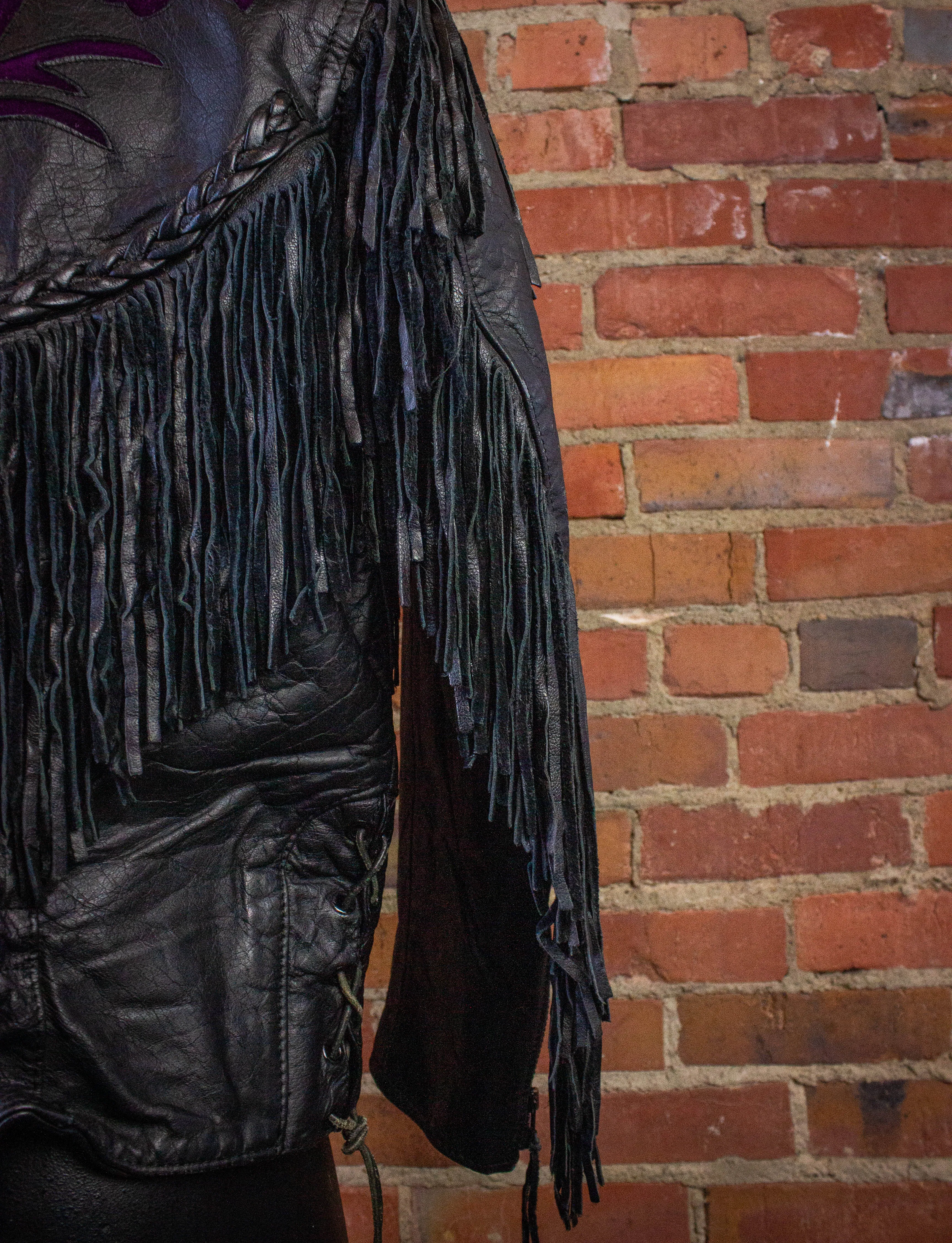 Vintage Rose Fringe Leather Jacket Black and Purple Medium