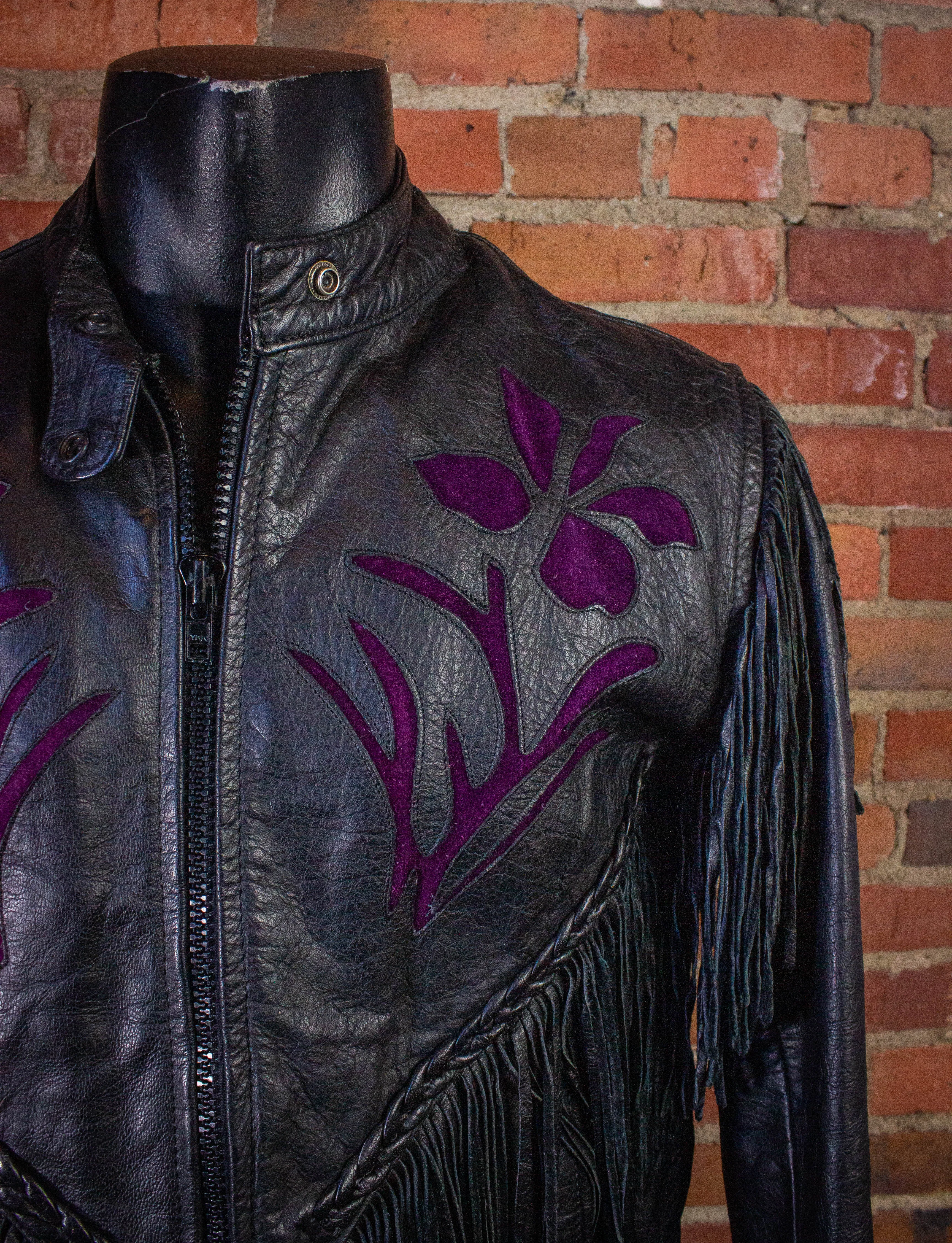 Vintage Rose Fringe Leather Jacket Black and Purple Medium