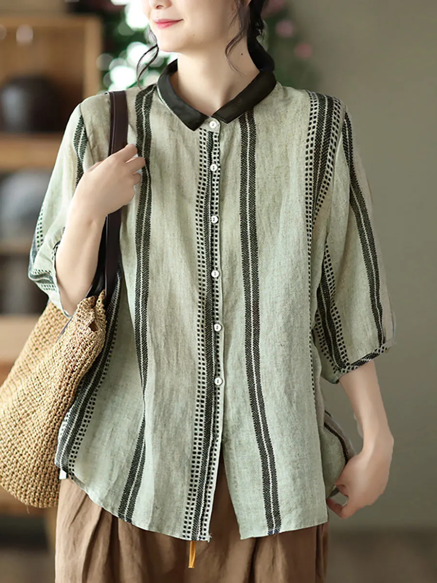 Vintage Stripe Ramie Casual Summer Women Shirt