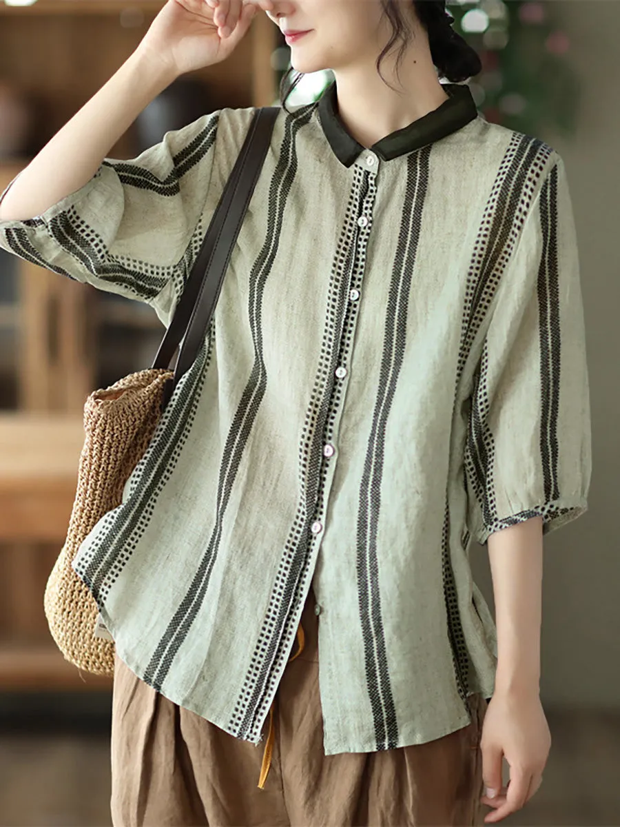 Vintage Stripe Ramie Casual Summer Women Shirt