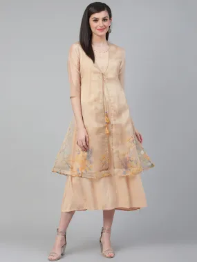 Women Beige Rayon Organza Floral Dress With Jacket