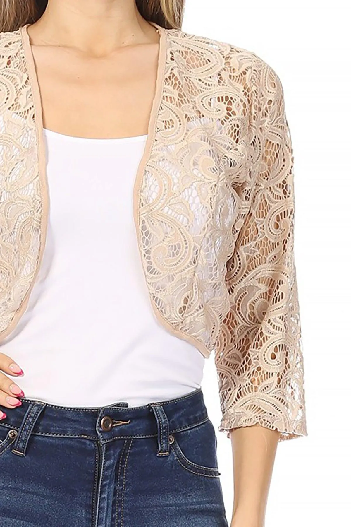 Women's Casual Lace Bolero Crochet Open Cardigan 3/4 Sleeve Sheer Cover Up Jacket