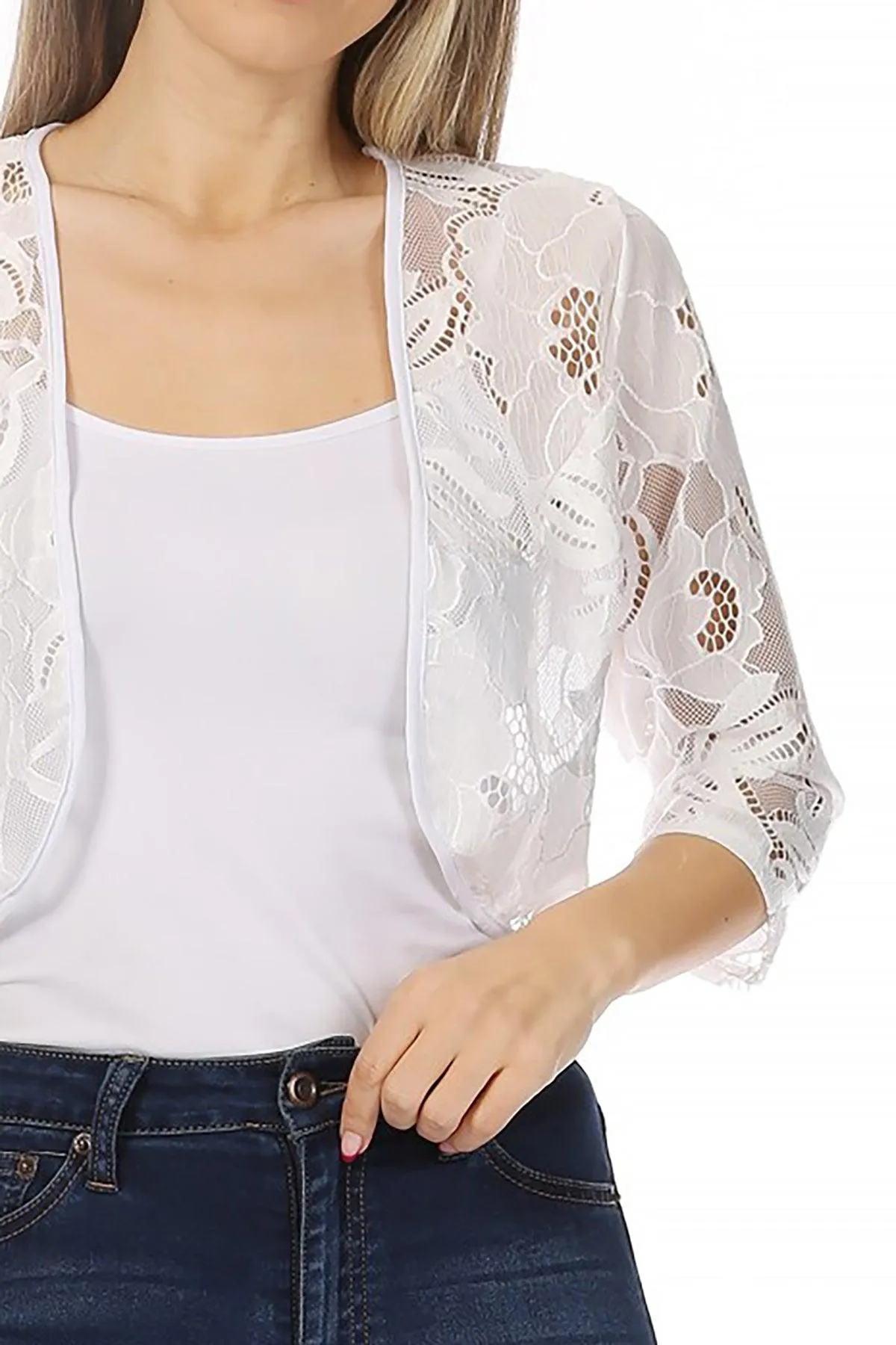 Women's Casual Lace Bolero Crochet Open Cardigan 3/4 Sleeve Sheer Cover Up Jacket