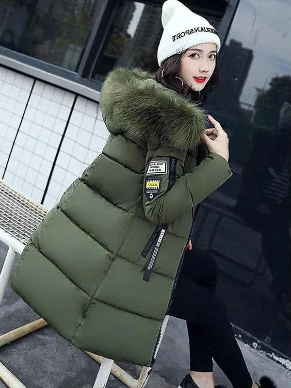 Women's Long Puffer Jacket with Fur Collar and Slim Fit