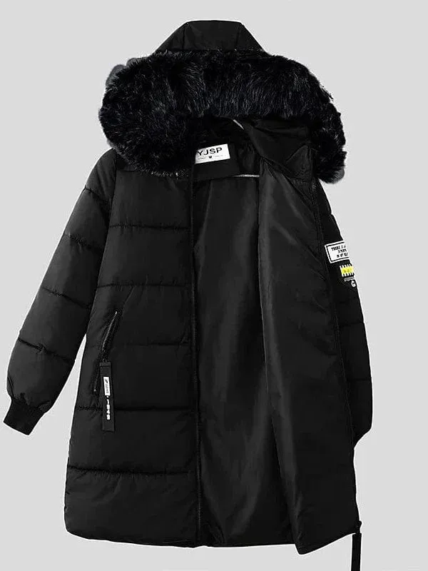 Women's Long Puffer Jacket with Fur Collar and Slim Fit